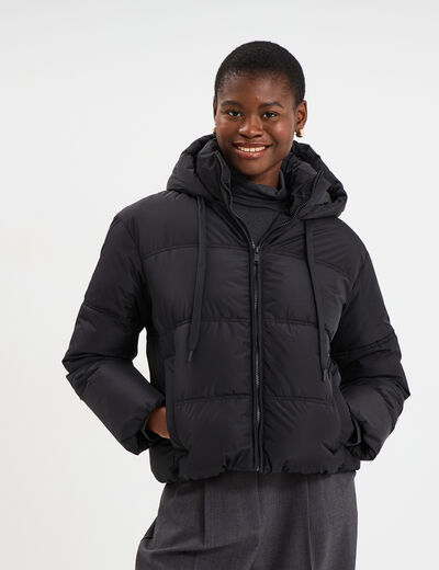 Doudoune courte droite doubl&eacute;e &agrave; capuche noir femme