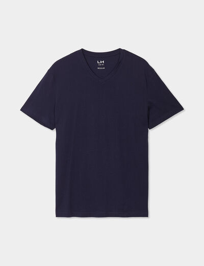 T-shirt manches courtes coton col V bleu marine homme