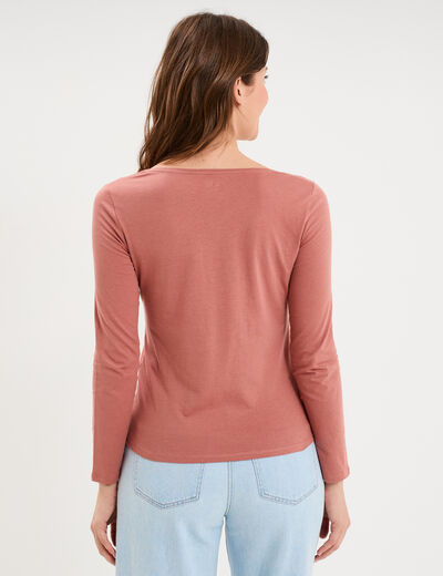 T-shirt coton col rond manches longues vieux rose femme