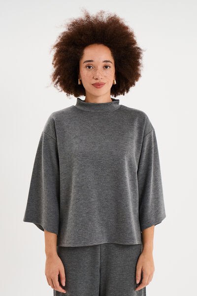 Top oversize col montant manches 3/4 gris fonc&eacute; femme