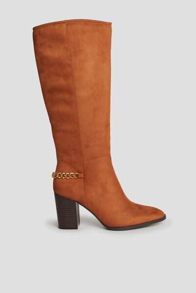 Bottes hautes détails chaînes à talons marron cognac femme