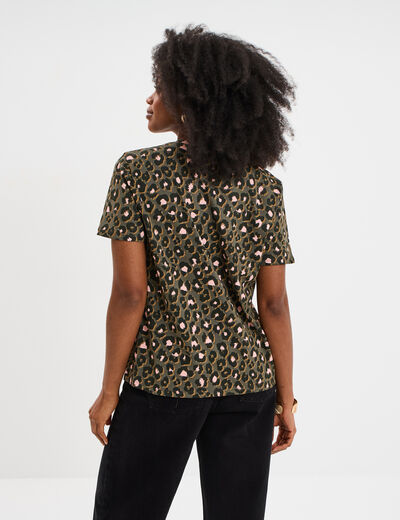 T-shirt coton col rond manches courtes vert kaki femme