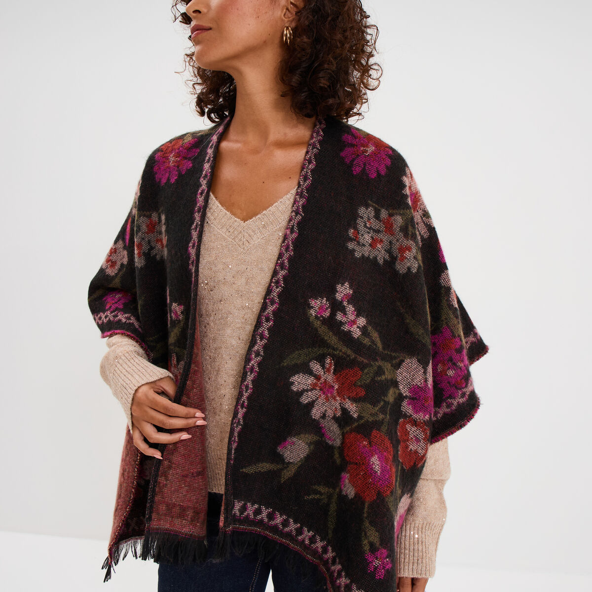 Poncho mi-long avec franges multicolore femme