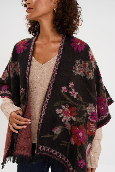 Poncho mi-long avec franges multicolore femme