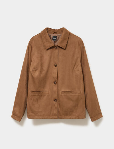 Veste effet su&eacute;dine boutonn&eacute;e marron femme grande taille