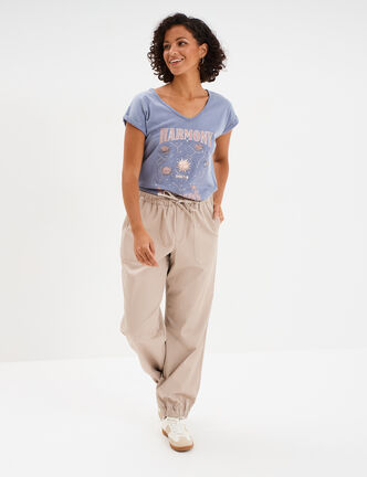 T-shirt coton col en V manches courtes bleu gris femme
