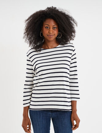 T-shirt manches 3/4 col rond coton ecru femme