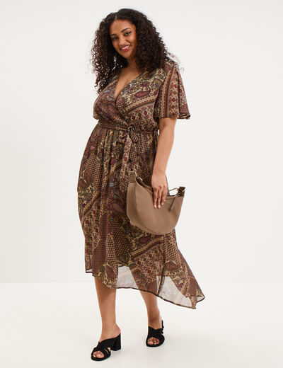 Robe longue fluide col en V ceintur&eacute;e vert kaki femme grande taille