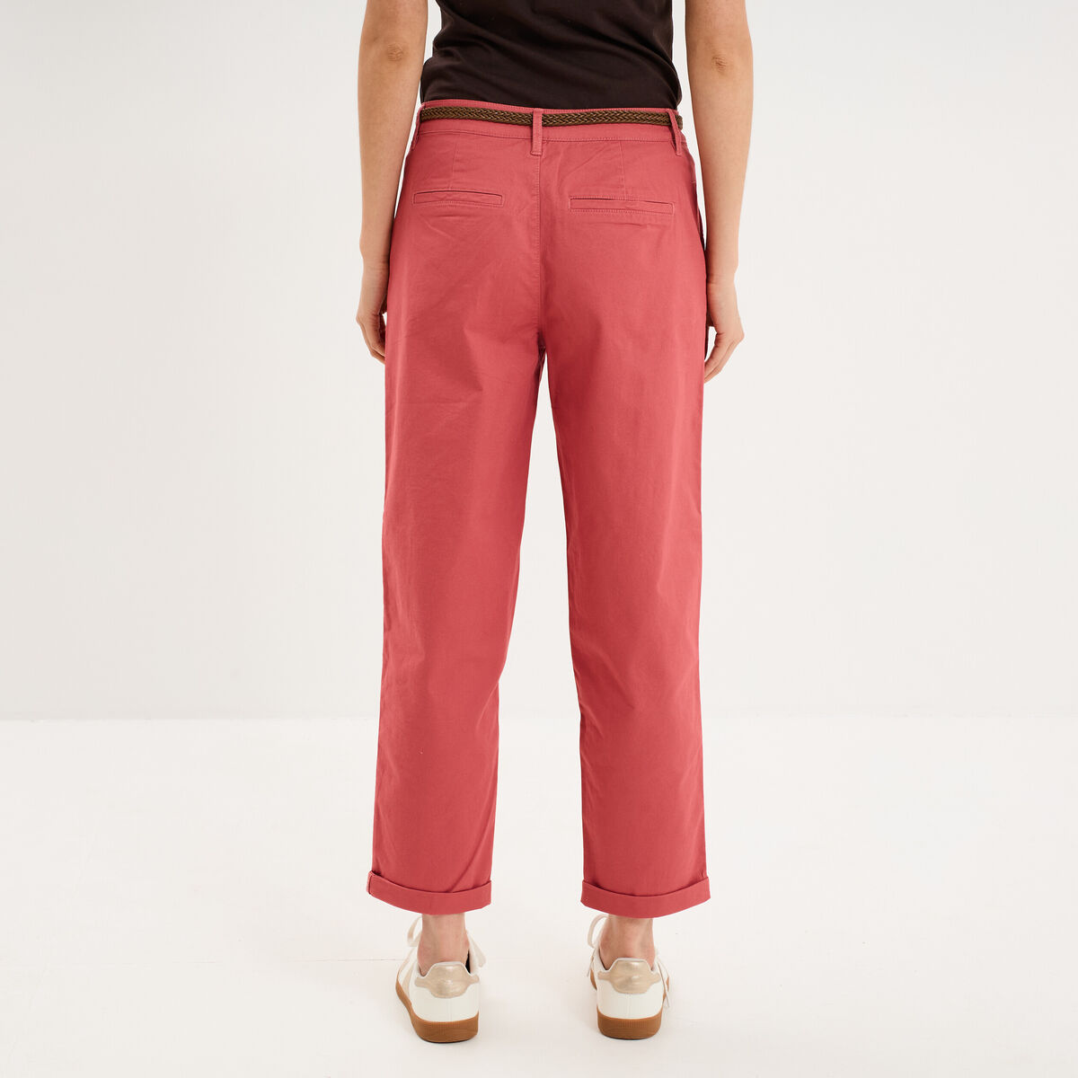 Pantalon chino regular ceinture tress&eacute;e vieux rose femme