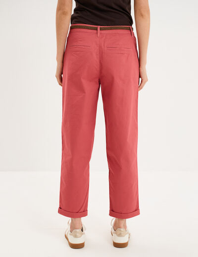 Pantalon chino regular ceinture tress&eacute;e vieux rose femme