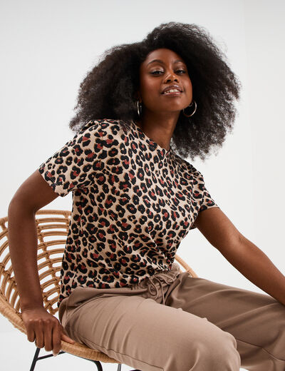 T-shirt coton col rond manches courtes sable femme