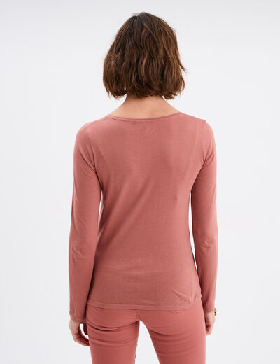 T-shirt coton col rond manches longues vieux rose femme