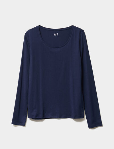T-shirt coton col rond manches longues bleu marine femme