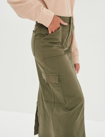 Jupe midi droite 5 poches vert kaki femme