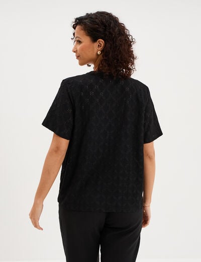 T-shirt broderie anglaise col tunisien noir femme
