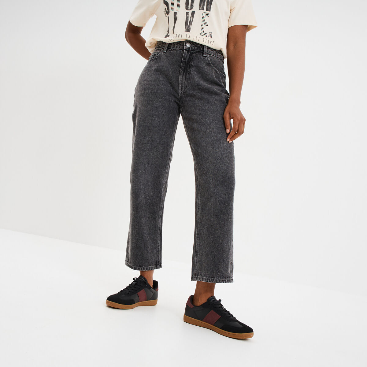 Jeans droit 7/8ème coton denim gris femme