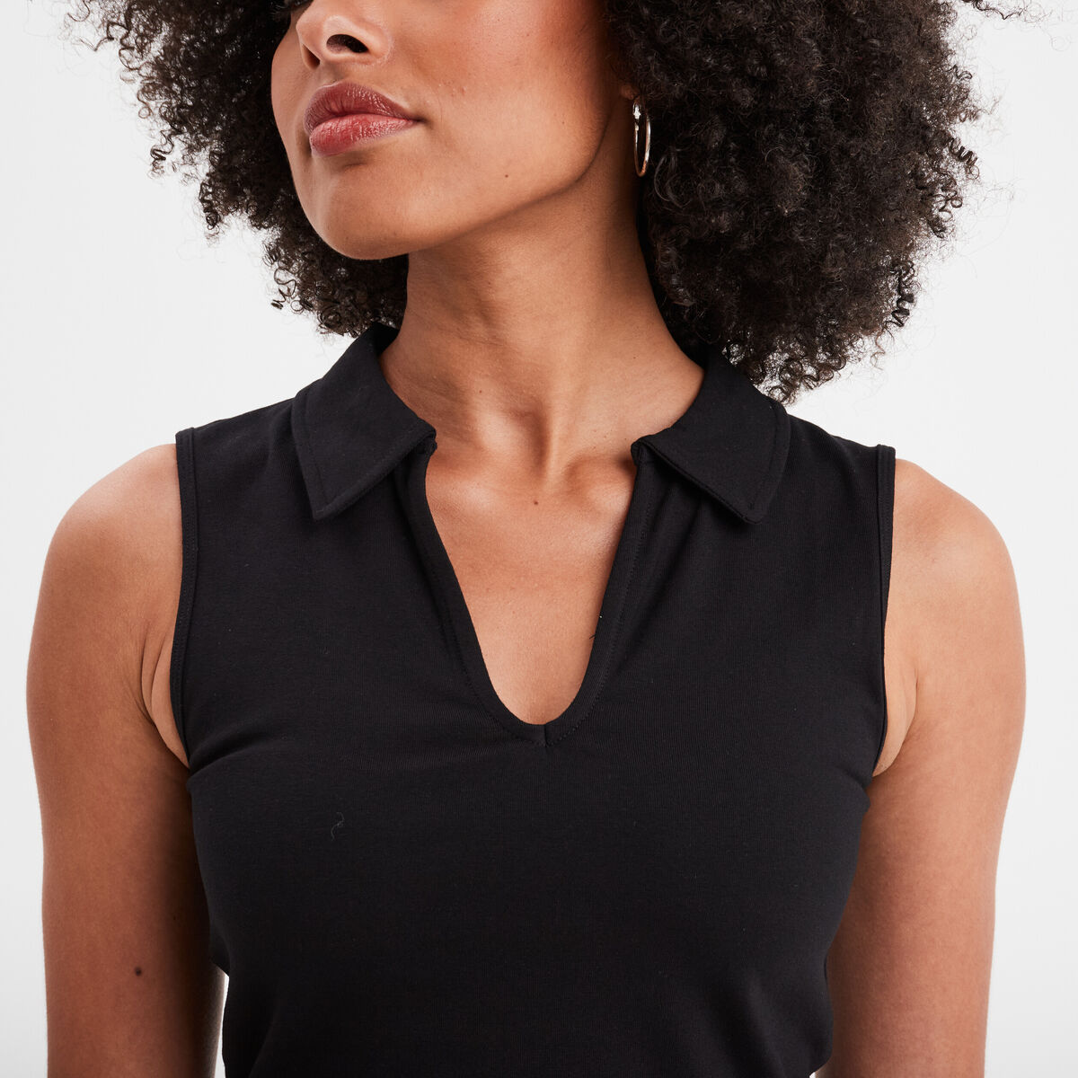 T-shirt coton sans manches col polo noir femme