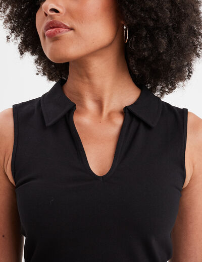 T-shirt coton sans manches col polo noir femme