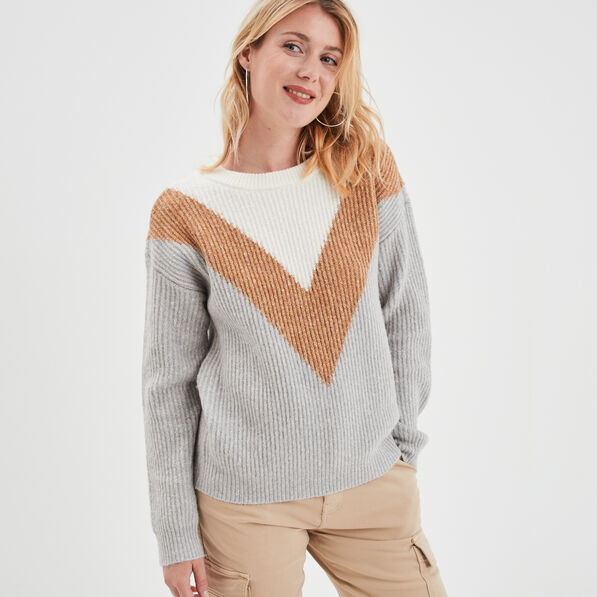 Pull manches longues col rond gris clair femme