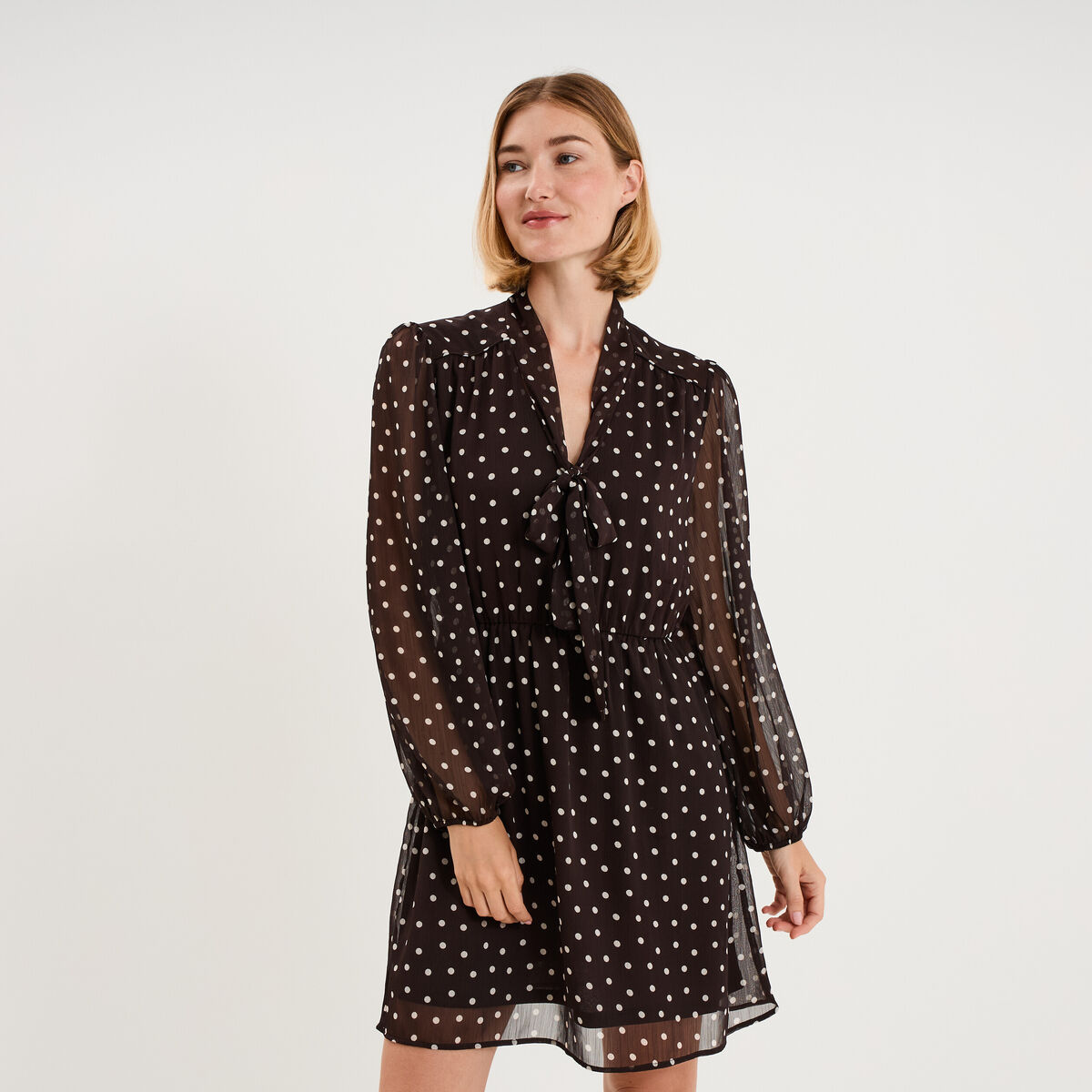 Robe courte lavalli&egrave;re manches longues marron chocolat femme