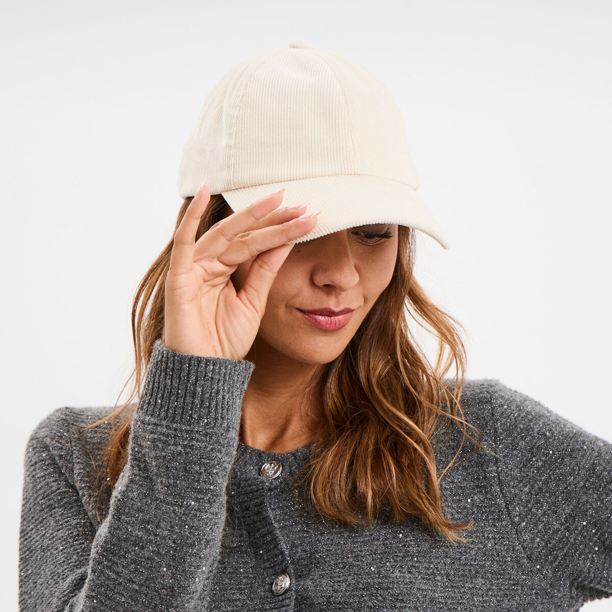 Casquette bombée effet velours côtelé ivoire femme