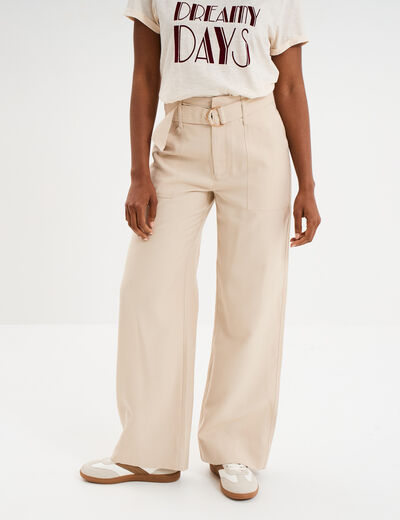 Pantalon large avec ceinture beige femme