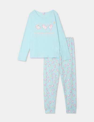 Ensemble pyjama pantalon 2 pièces coton bleu turquoise fille