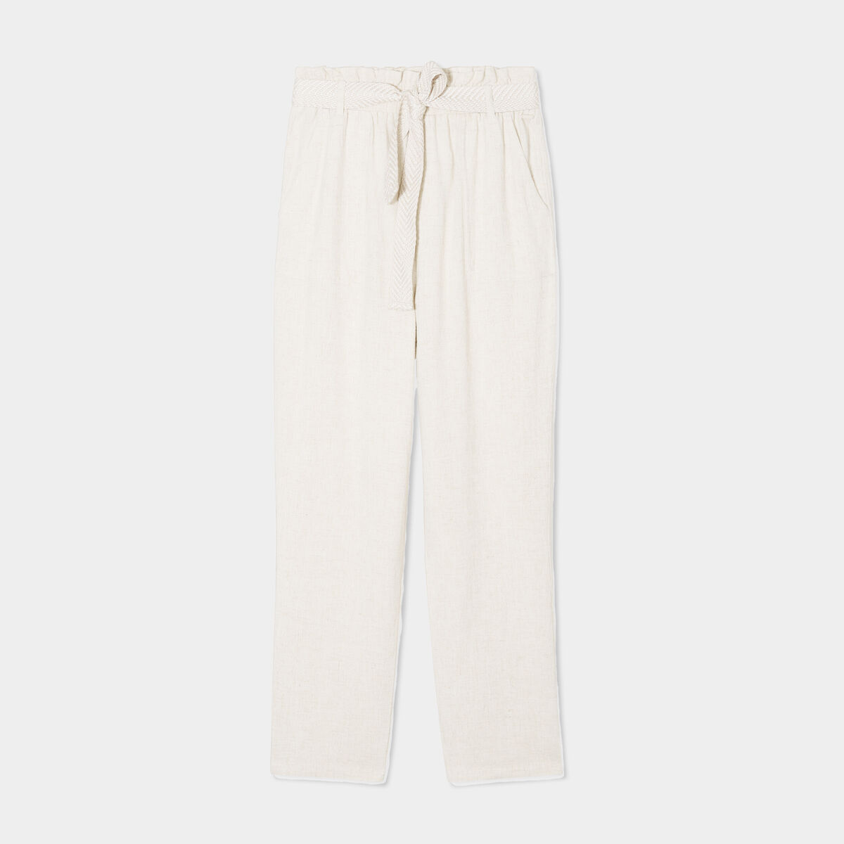 Pantalon paperbag &eacute;lastiqu&eacute; m&eacute;lange lin beige femme