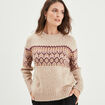 Pull jacquard col rond manches longues beige femme