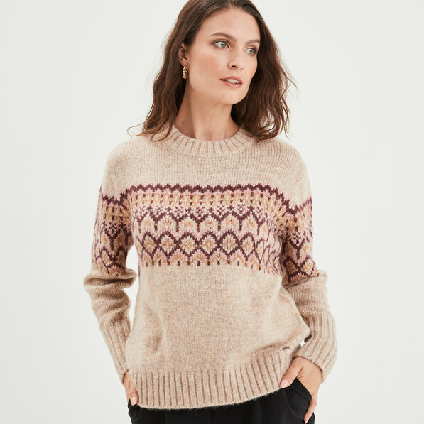 Pull jacquard col rond manches longues beige femme