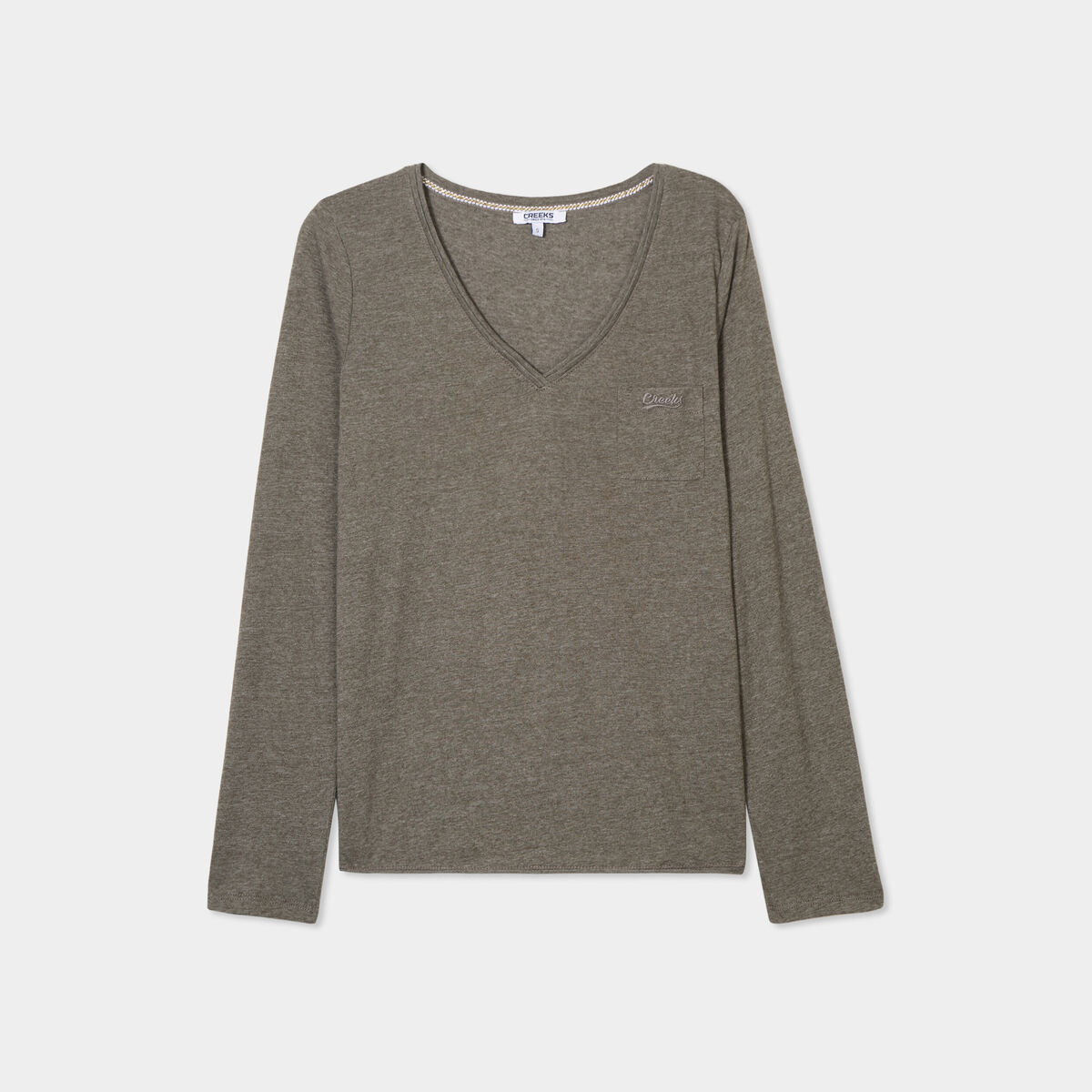 T-shirt col V manches longues 1 poche vert kaki femme