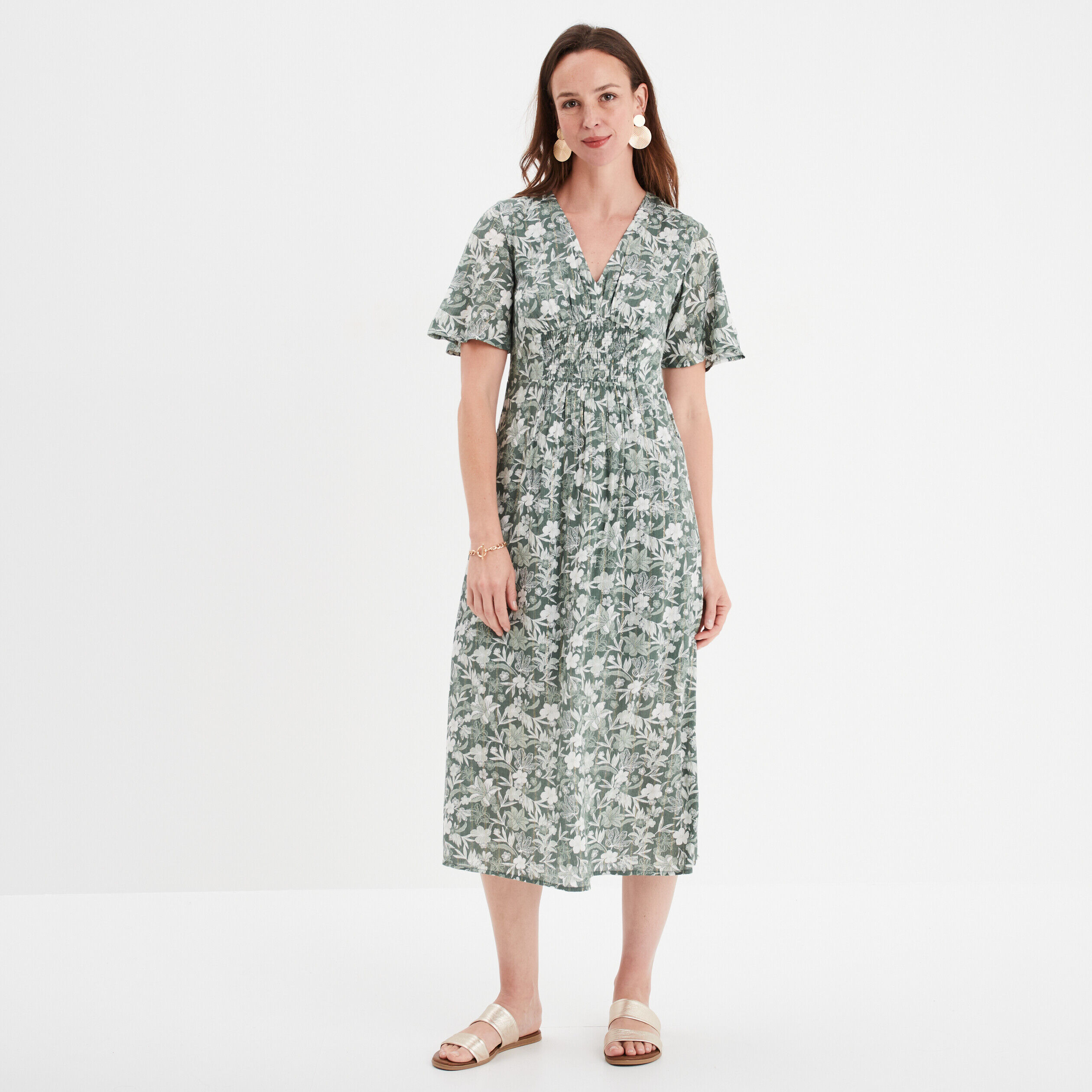 Robe longue empire taille smockée Creeks vert turquoise femme CREEKS