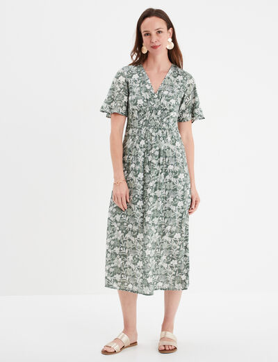 Robe longue empire taille smockée Creeks vert turquoise femme