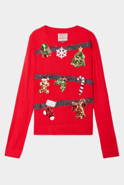 Pull de Noël guirlande et sequins rouge femme