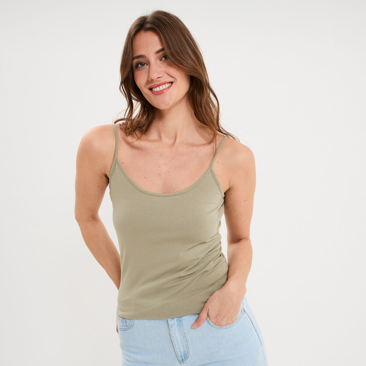 D&eacute;bardeur coton bretelles r&eacute;glables vert kaki femme