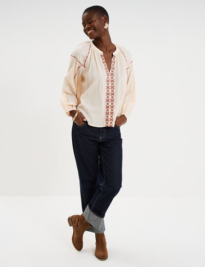 Blouse brod&eacute;e manches longues coton beige femme