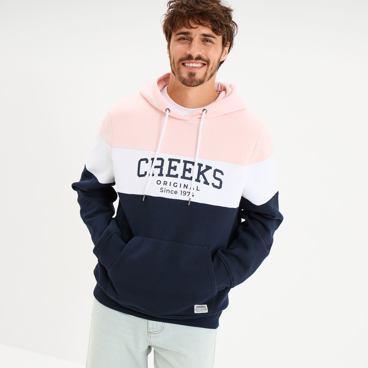 Sweat hoodie en molleton 1 poche rose pastel homme