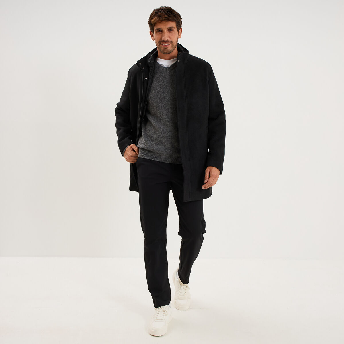 Manteau mi-long col montant zipp&eacute; noir homme