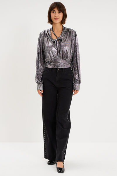 Blouse ajust&eacute;e col lavalli&egrave;re gris argent femme