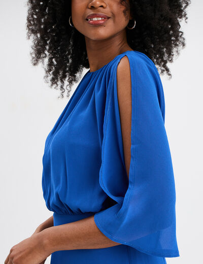 Robe midi manches 3/4 fendues bleu roi femme