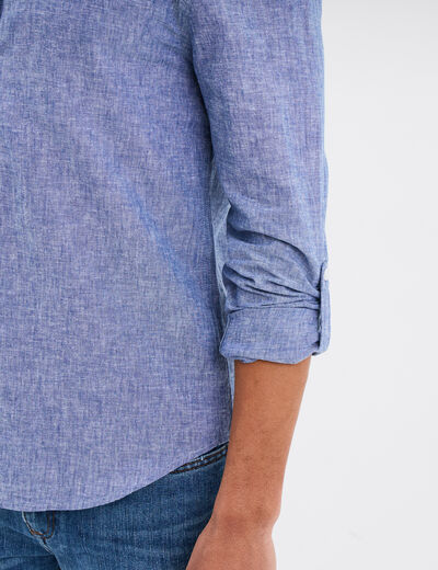 Chemise col mao lin mélangé bleu homme