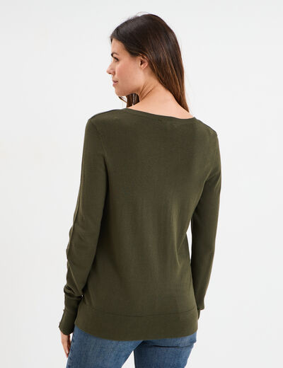 Pull col rond boutons aux poignets vert kaki femme