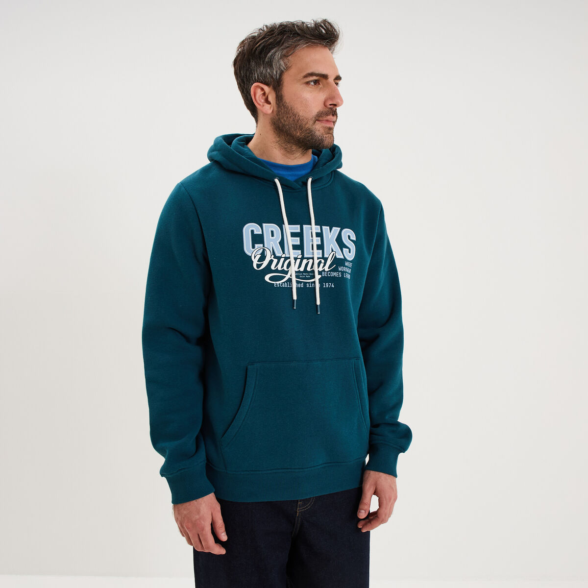 Sweat hoodie 1 poche et capuche bleu canard homme
