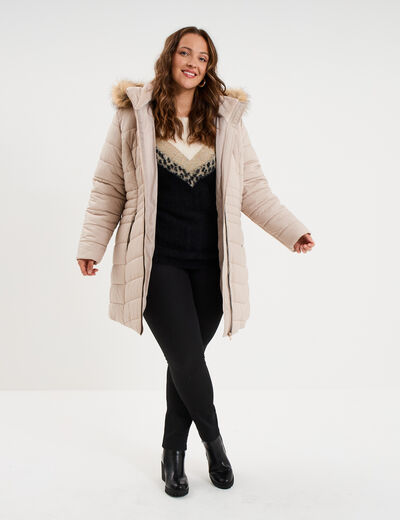 Doudoune longue &agrave; capuche beige femme grande taille