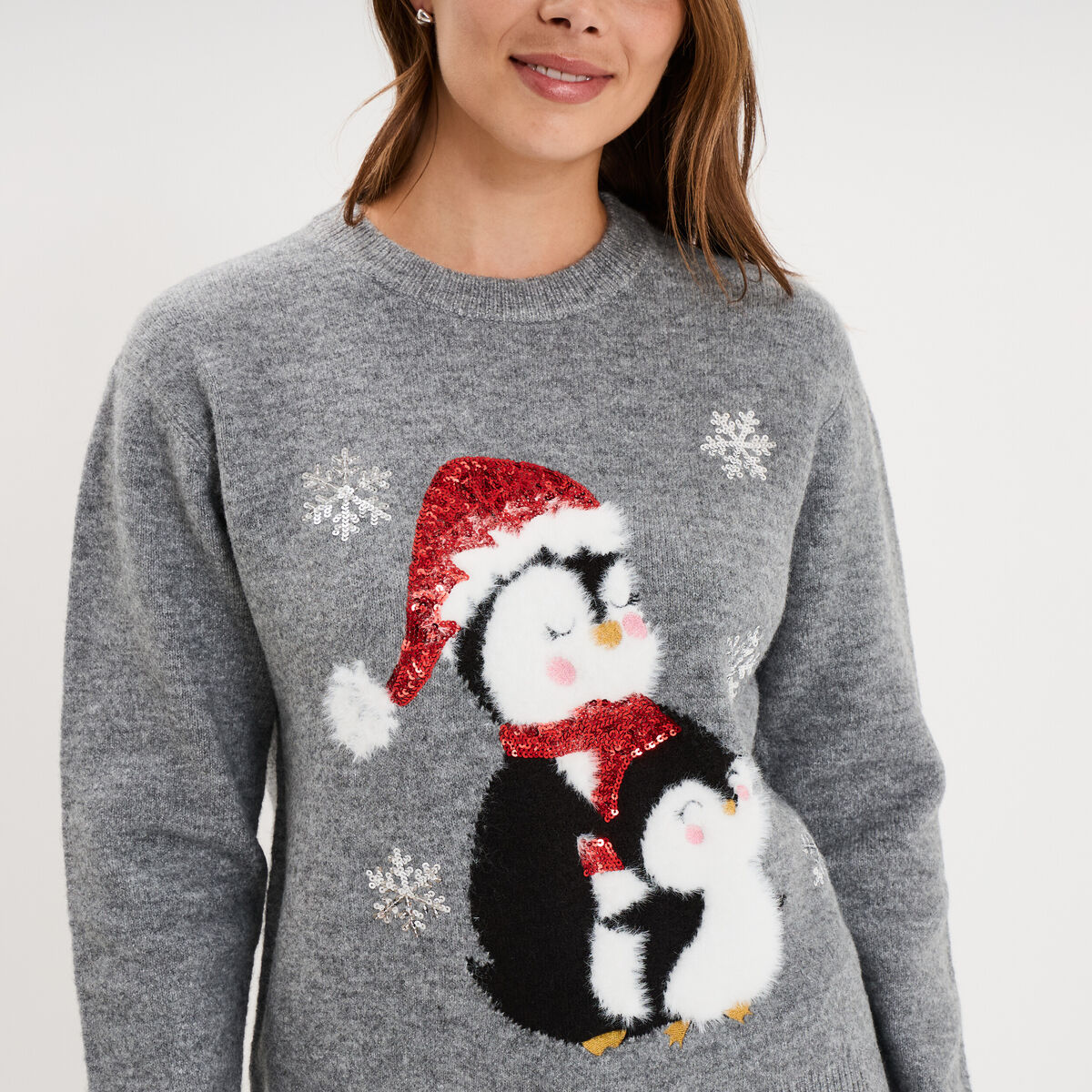 Pull de No&euml;l avec sequins gris clair femme