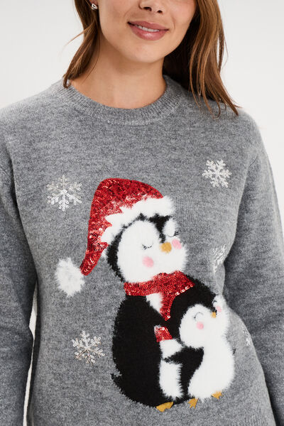 Pull de No&euml;l avec sequins gris clair femme