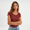 T-shirt coton col rond manches courtes marron cognac femme