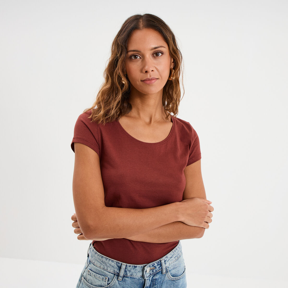 T-shirt coton col rond manches courtes marron cognac femme