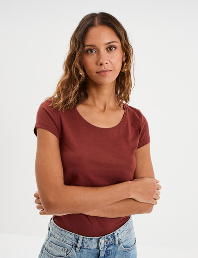 T-shirt coton col rond manches courtes marron cognac femme