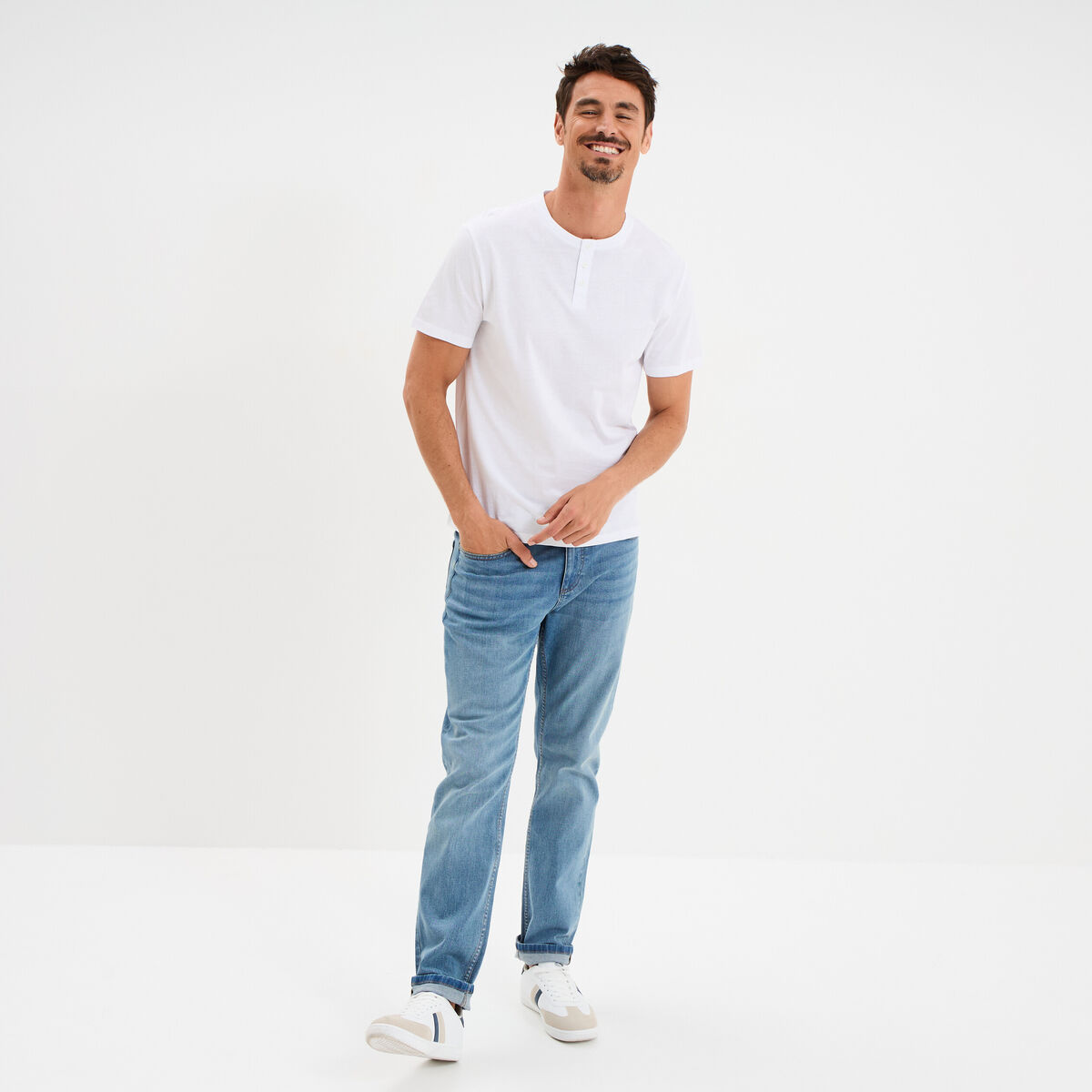 T-shirt col tunisien manches courtes blanc homme